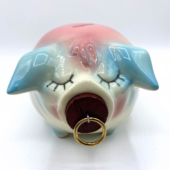 1957's Hull Pottery Corky Pig bank Blue & Pink trim Replacement Cork snout MINT